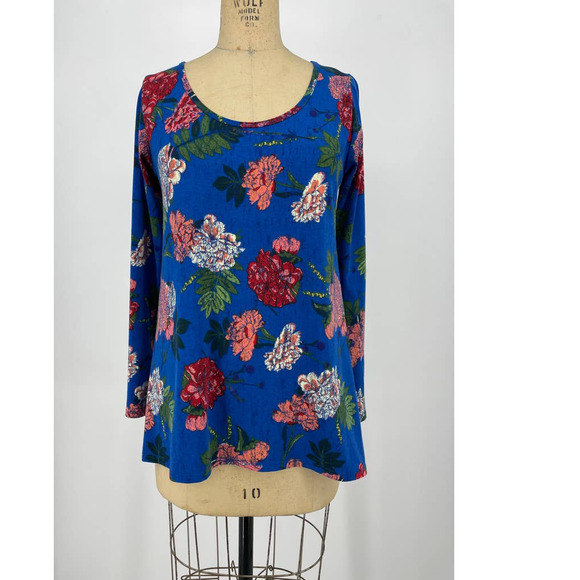 Lularoe Lynnae Blue Floral Scoop Neck Long Sleeve Top Blouse Small - Picture 1 of 8